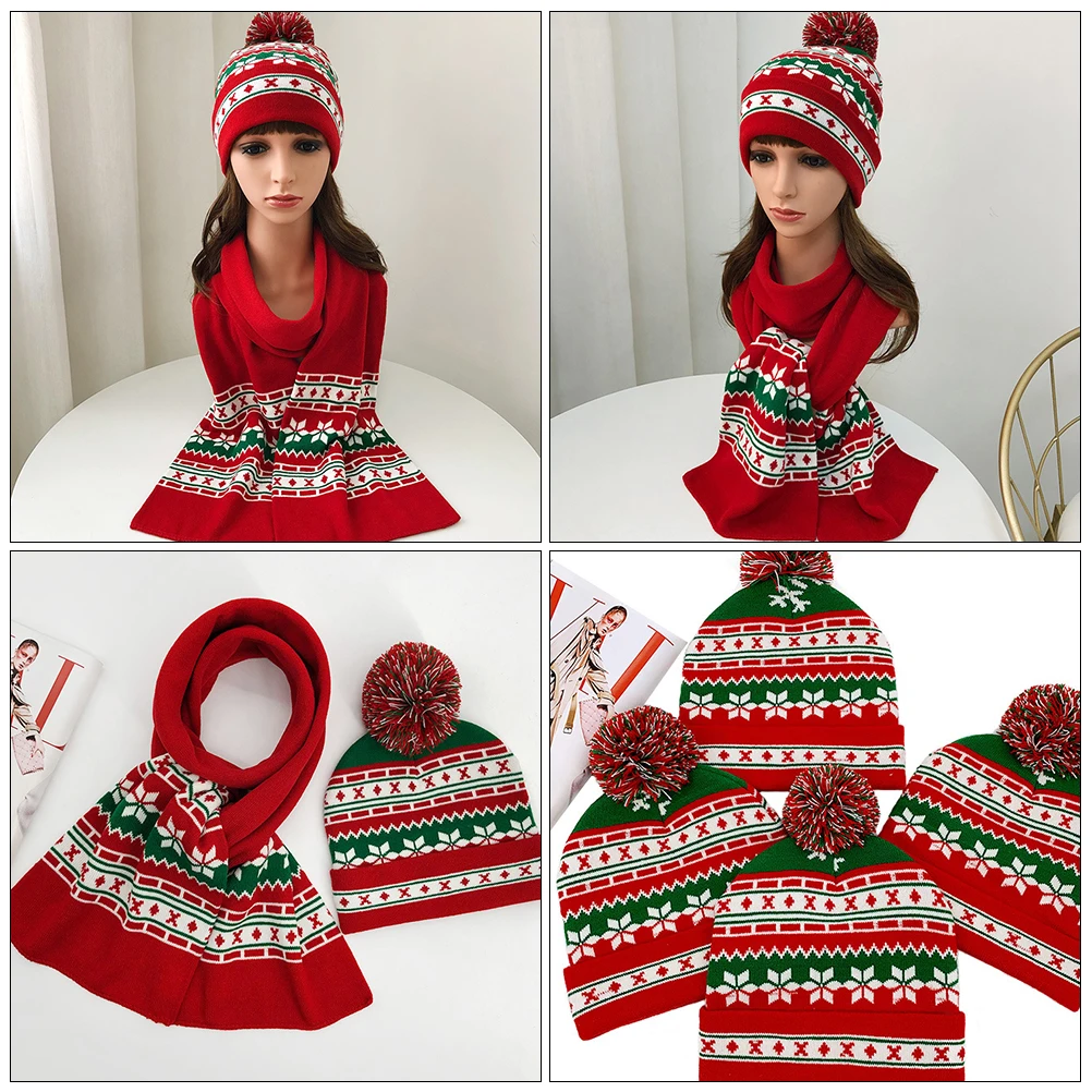 

2pcs 1 Set Christmas Knitting Hat Scarf Set Warm Stretchy Kids Winter Headwear Scarf Costume Party Gift Outdoor Family Gathering