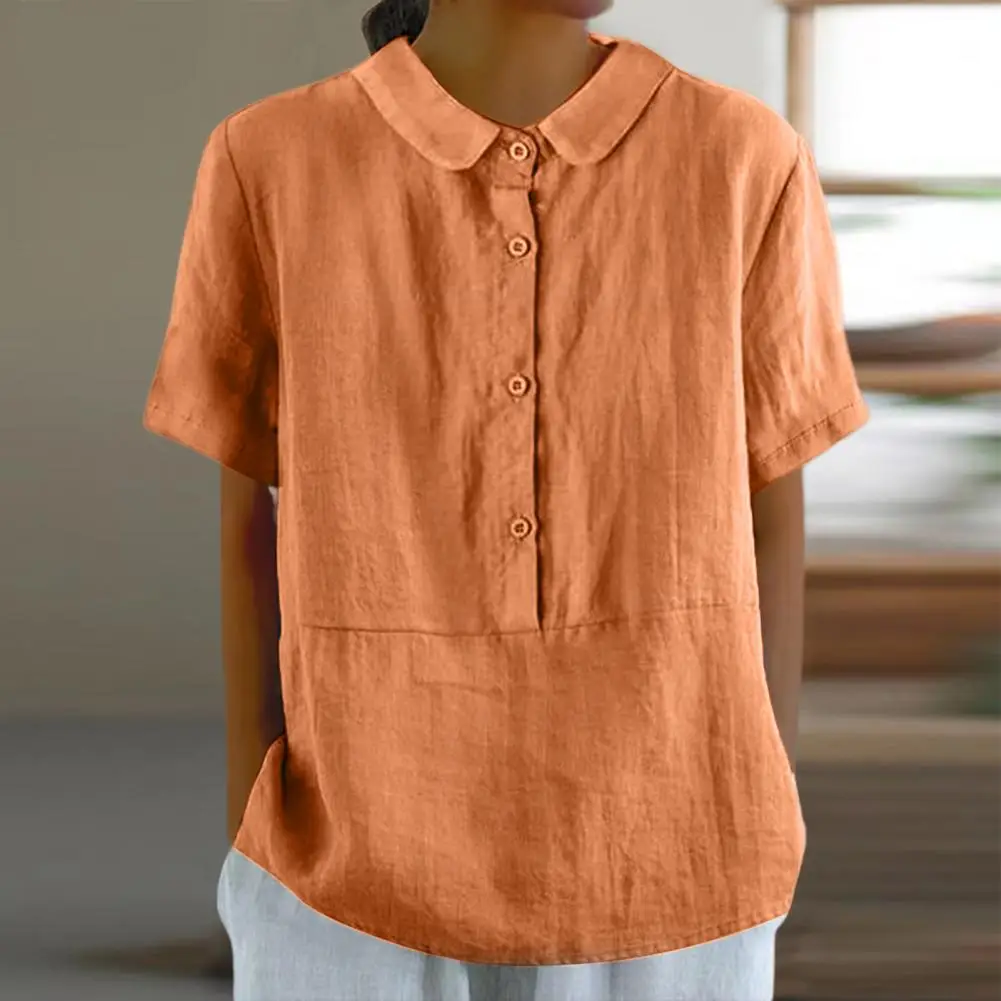 Women Casual Shirt Doll Collar Buttons Half Placket Short Sleeve Shirt Top Single Breasted Solid Color Loose Fit Blouse 블라우스