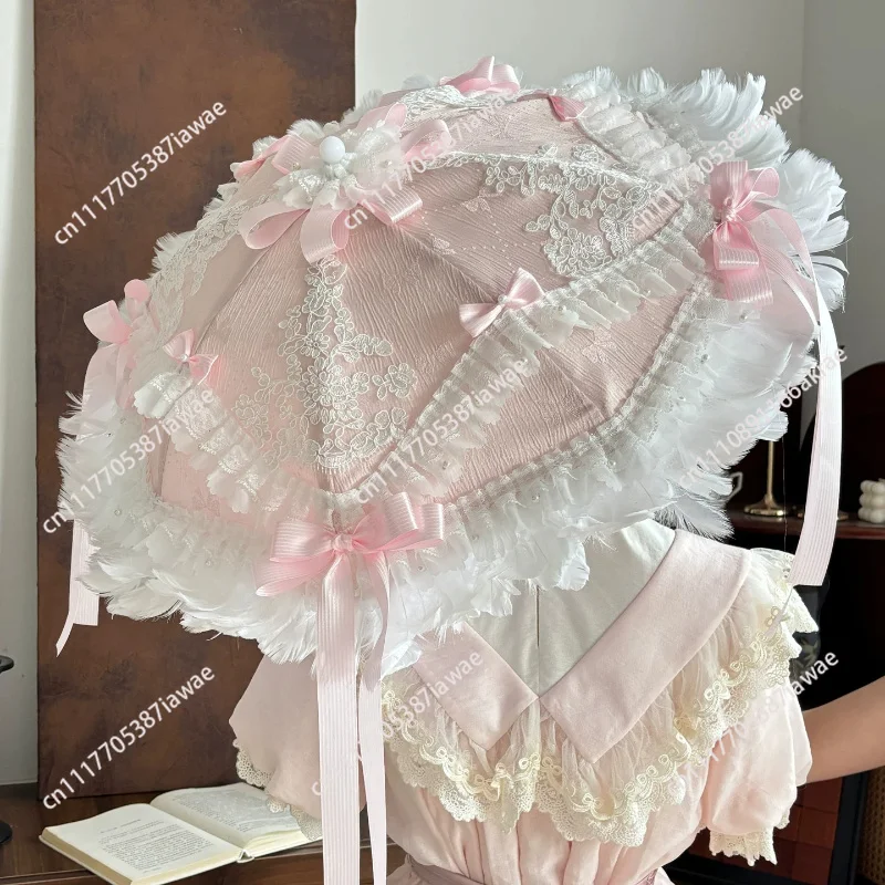 Lolita Style Pink Feather Decor Parasol Wooden Handle Swan Lake Theme Sweet Shooting Display Prop