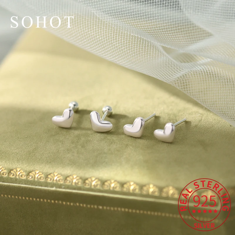 

Real 925 Sterling Silver Mini Heart Piercing Screw Bead Stud Earrings for Women Cute Fine Jewelry Minimalist Accessories