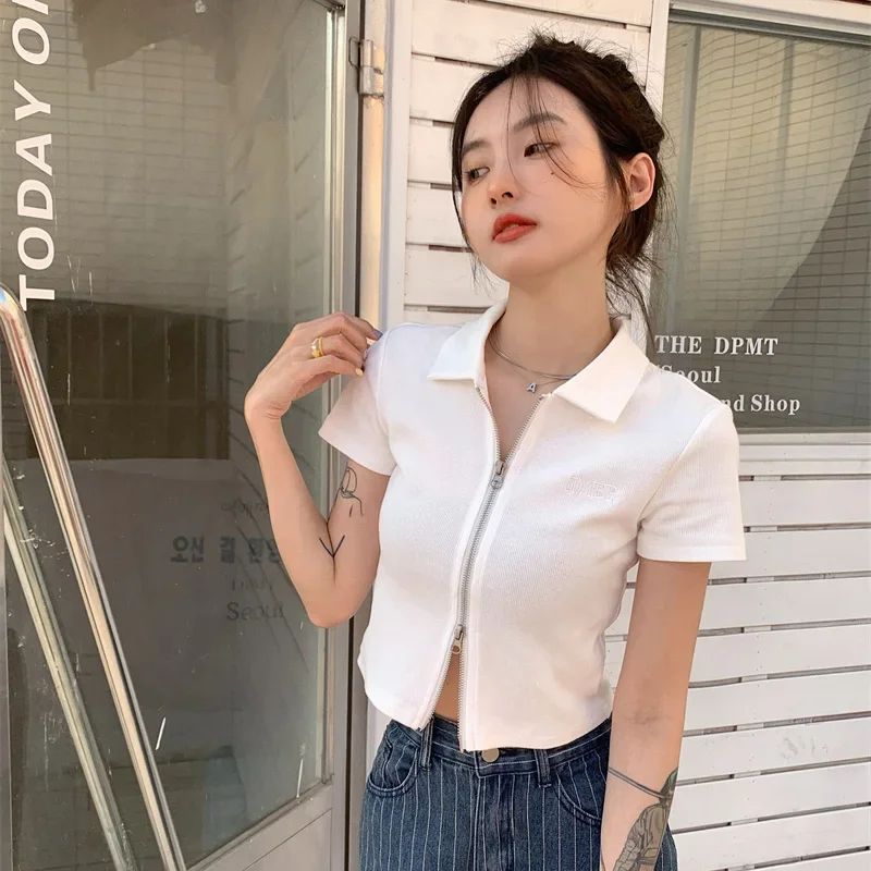 Women Daily Leisure Short Sleeved T-shirts Lady Cutecore Outside Knitted Clothes Female Comfortable Zipper Colorful Crop Tops