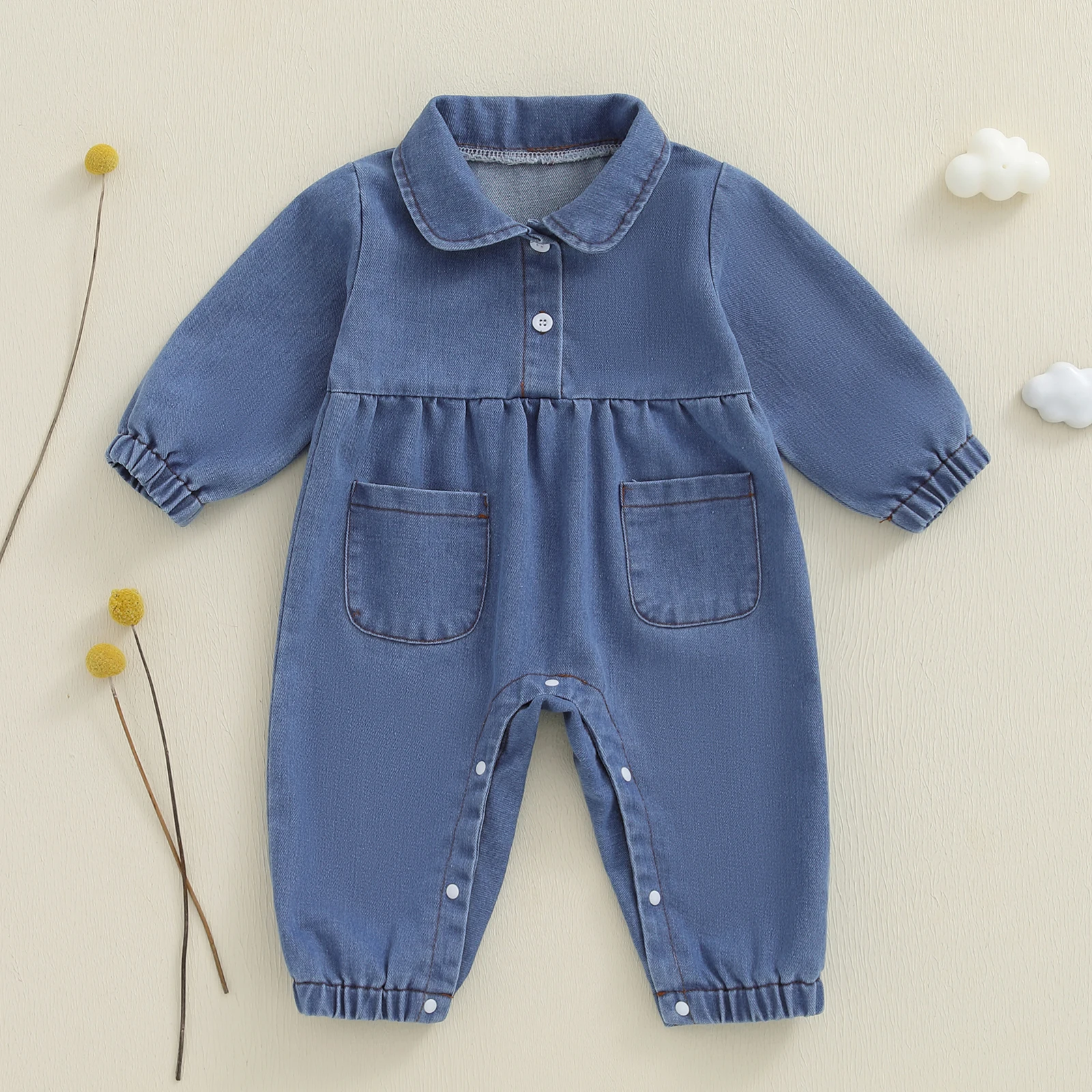 

0-18 Months Baby Girl Autumn Denim Jumpsuit Long Sleeve Lapel Button Up Romper with 2 Pockets