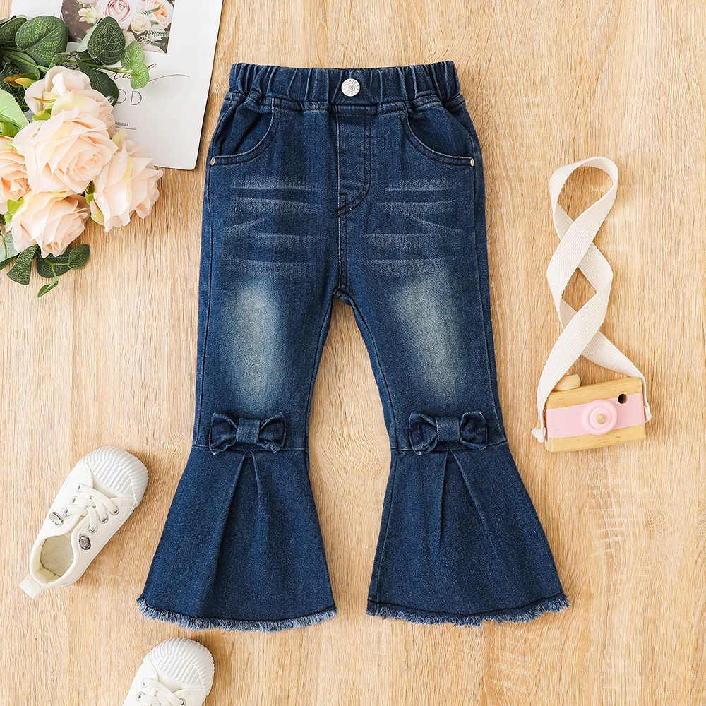 PatPat Toddler Girl Denim Bow Decor Bellbottom Blue Jeans Pants