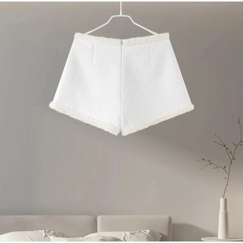 Traje de calle alta de otoño para mujer, abrigo corto de Tweed, pantalones cortos de pierna ancha, conjuntos de mujer, chaqueta con botones de manga larga abombada, pantalones cortos rectos superiores