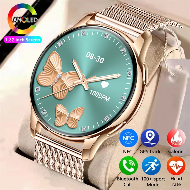 ساعة ذكية نسائية أصلية جديدة رفيعة للغاية بشاشة AMOLED مقاس 1.32 بوصة HD 466*466 تظهر دائمًا تذكير للمكالمات الزمنية للنساء هدية ساعة ذكية