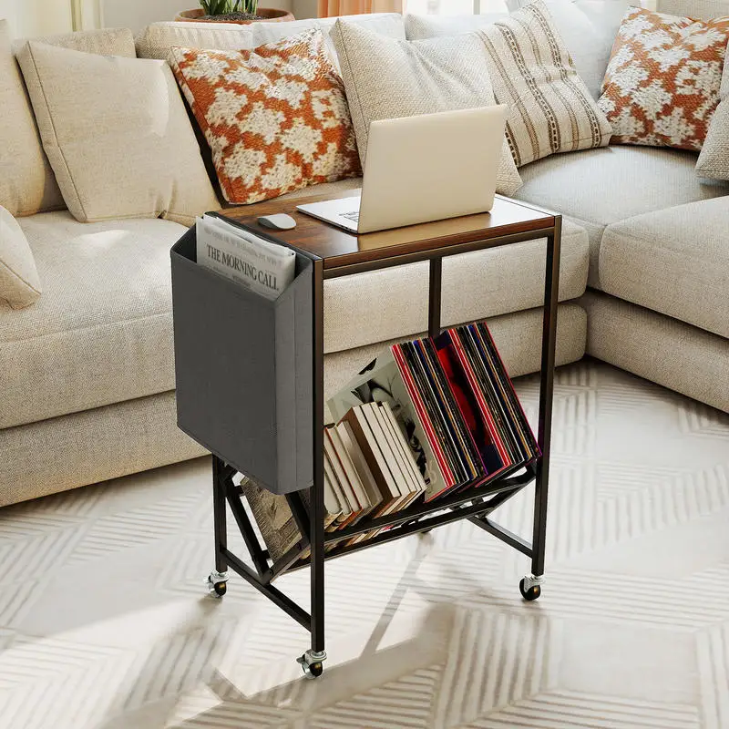 Vintage Rolling Record Player Stand, 2-Tier Turntable Console With Vertical Vinyl Storage And Magazine Pocket, Heavy Duty Metal Frame With Lockable Wheels For Living Room, Rustic Brown