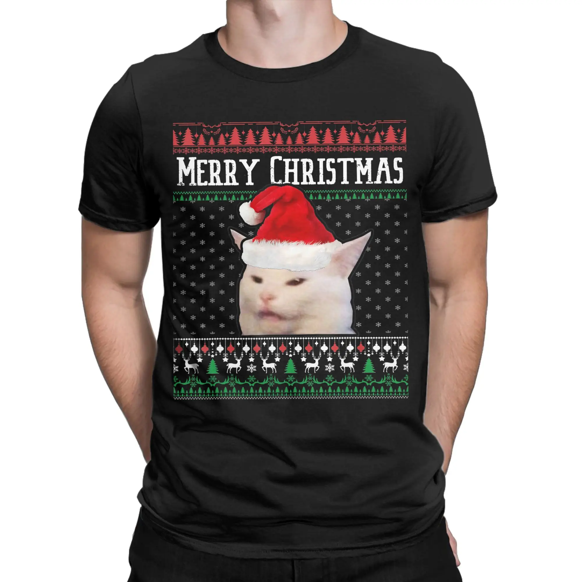 Woman Yelling at a Smudge Cat Ugly Christmas classicFunny Graphic 100% Cotton T-Shirt Cats meme Tops Tees For Men