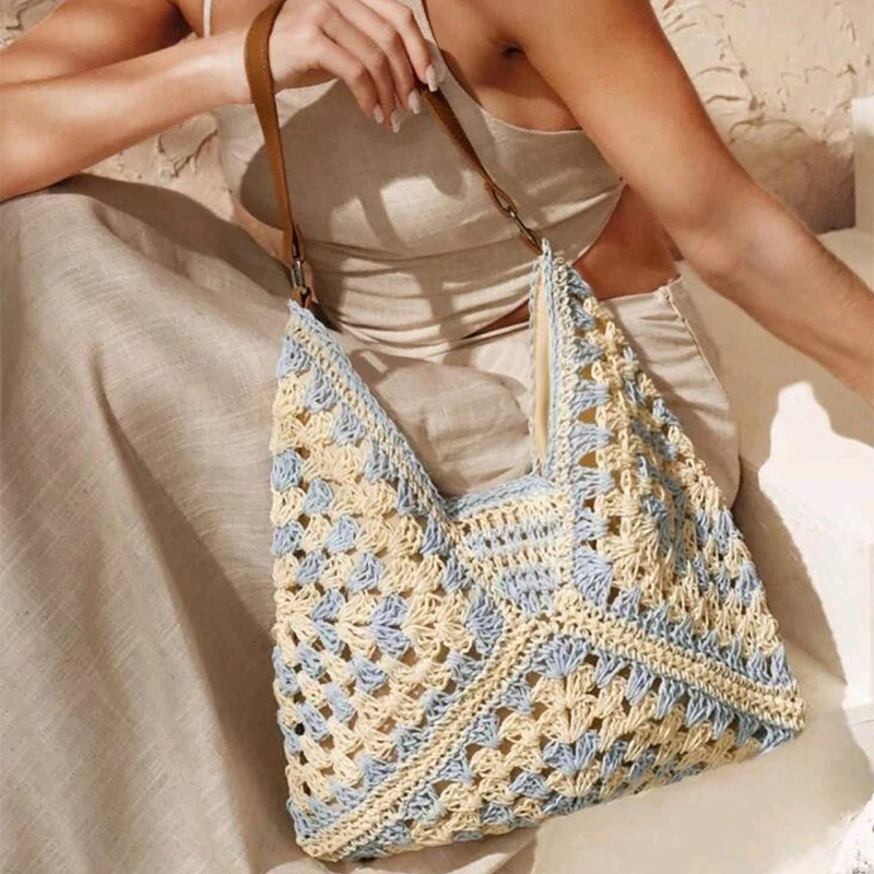 

Contrast Color Raffia Straw Woven Shoulder Bag, Versatile Crochet Braided Tote Bag,Summer Vacation Beach Handbag,Shopper Purse