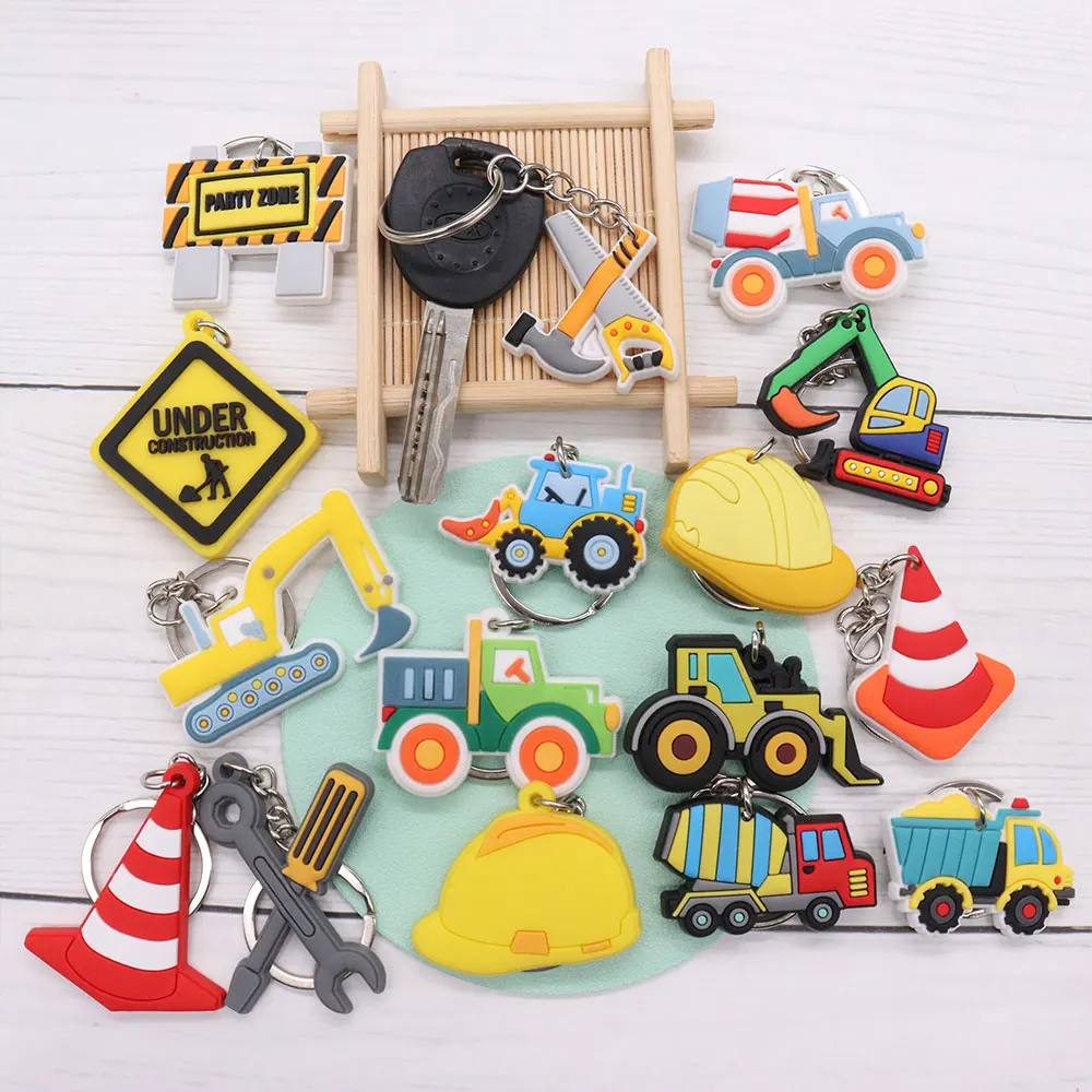 Mix 40PCS PVC Engineering Tool Excavator Cement Car Wrench Hammer Sickle Barricade Bag Car Key Ring Chains Children Bag Charm