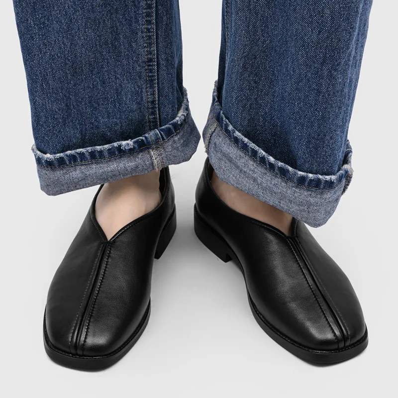 Men's Loafers Square Shoes in Spring and Summer of Retro Lazy People with Soft Soles and Low-heeled Monk Shoes Big Size 38-46