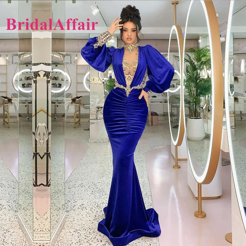 BridalAffair กำมะหยี่ชุดราตรีคอลูกปัดจีบ Mermaid ชุดราตรีแขนยาว Royal Blue อาหรับดูไบชุดพรรค