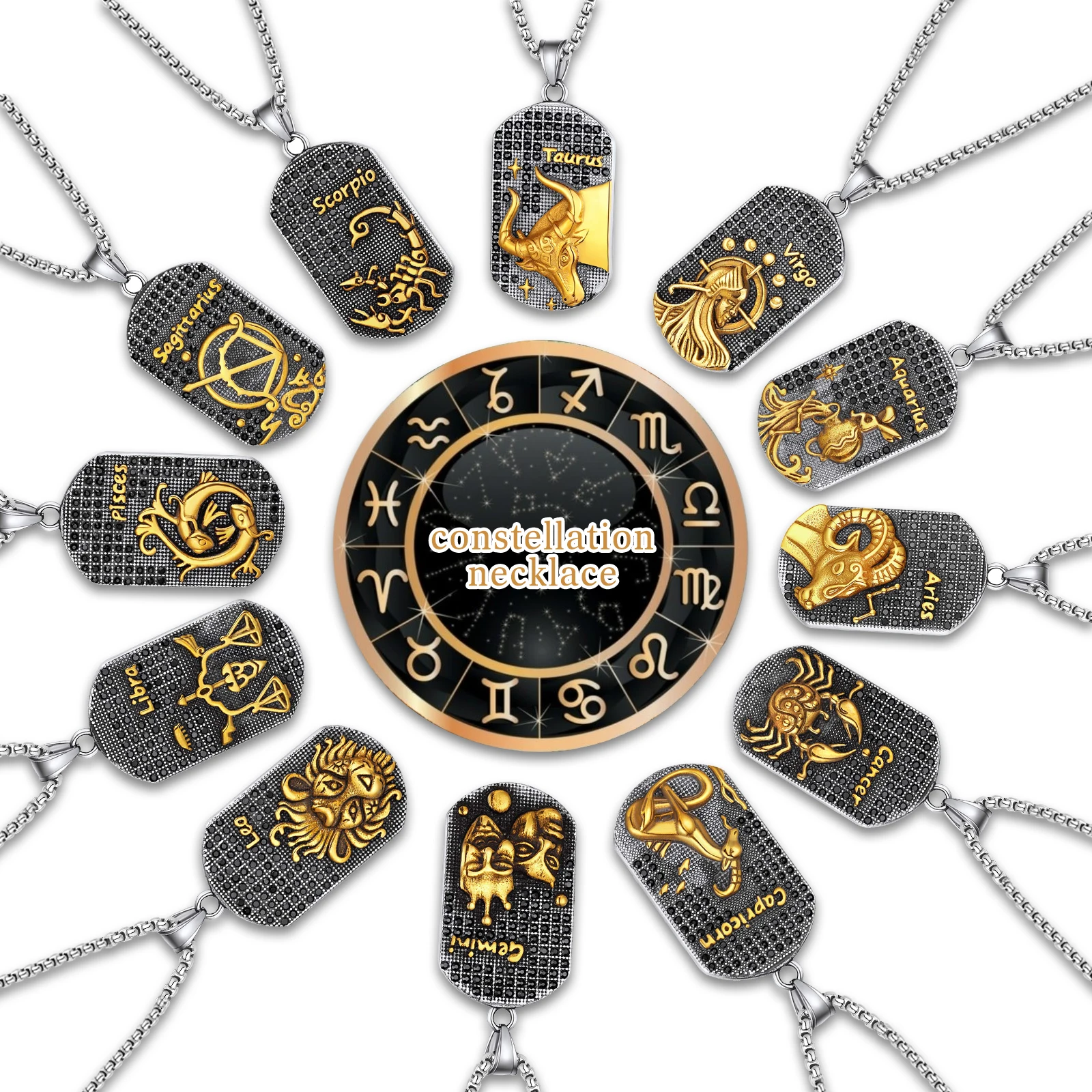 12 Constellations Horoscope Necklace Zodiac Astrology Sign Gold Plated Pendant Men stainless steel Astrology chain jewelry gifts