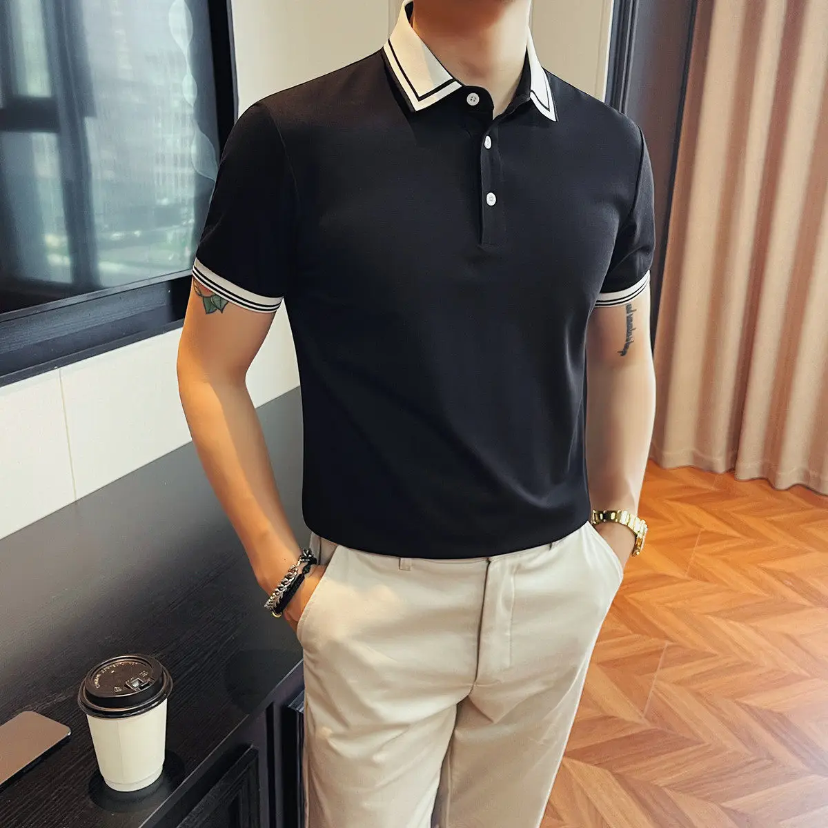 Summer New Style Men's Color-Contrast Collar Short-Sleeved Polo Shirt for Business and Casual Wear