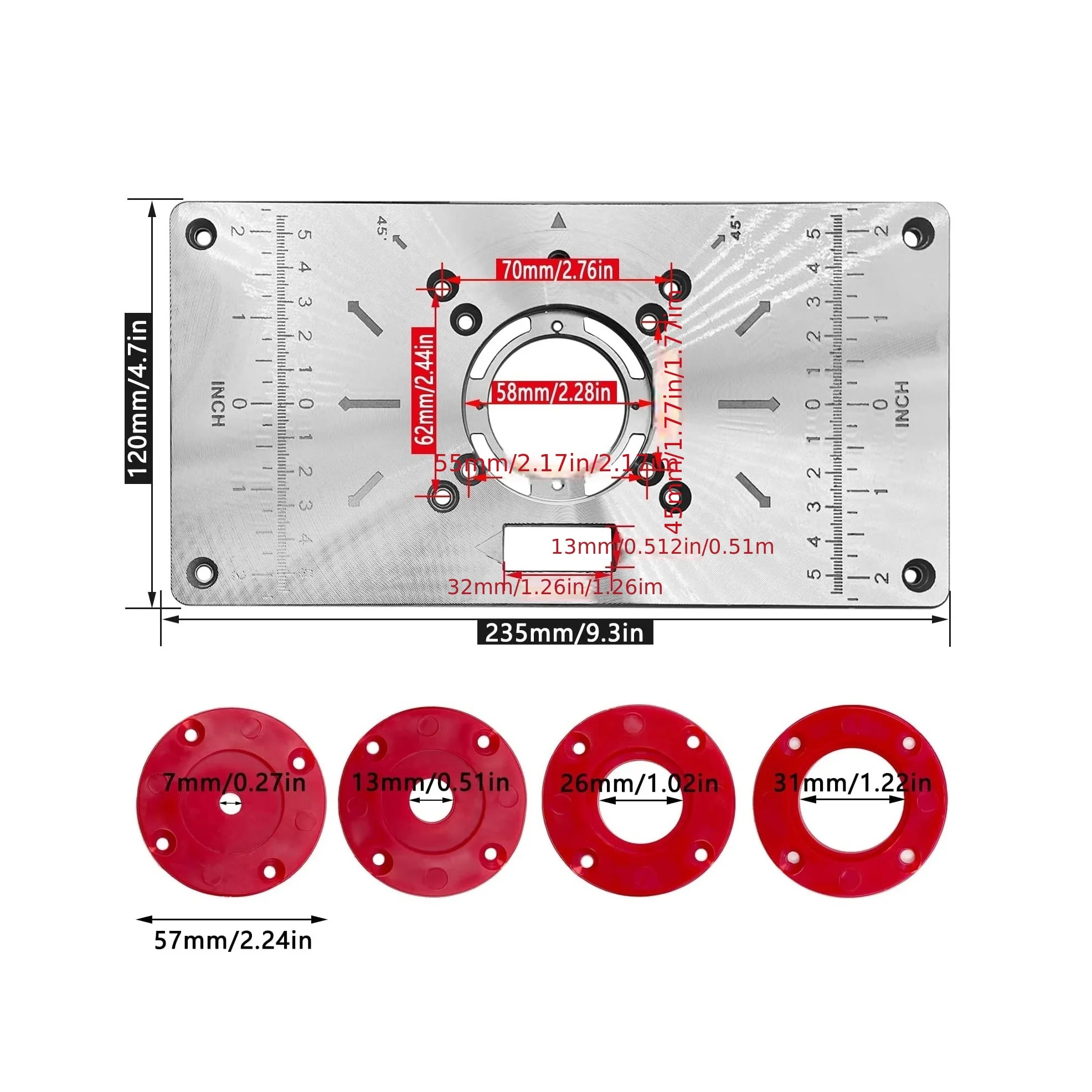 Aluminum Router Table Insert Plate with 4 Rings Woodworking Accessory for Trimmer Engraving Machine Carpenter DIY Tools