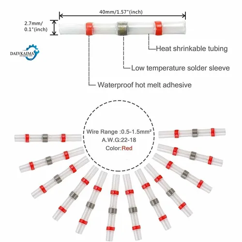Imagen 2 del producto 100/500/1000 Uds AWG22-18 impermeable rojo sello de soldadura terminales de empalme conectores a tope de cable eléctrico termorretráctil de cobre