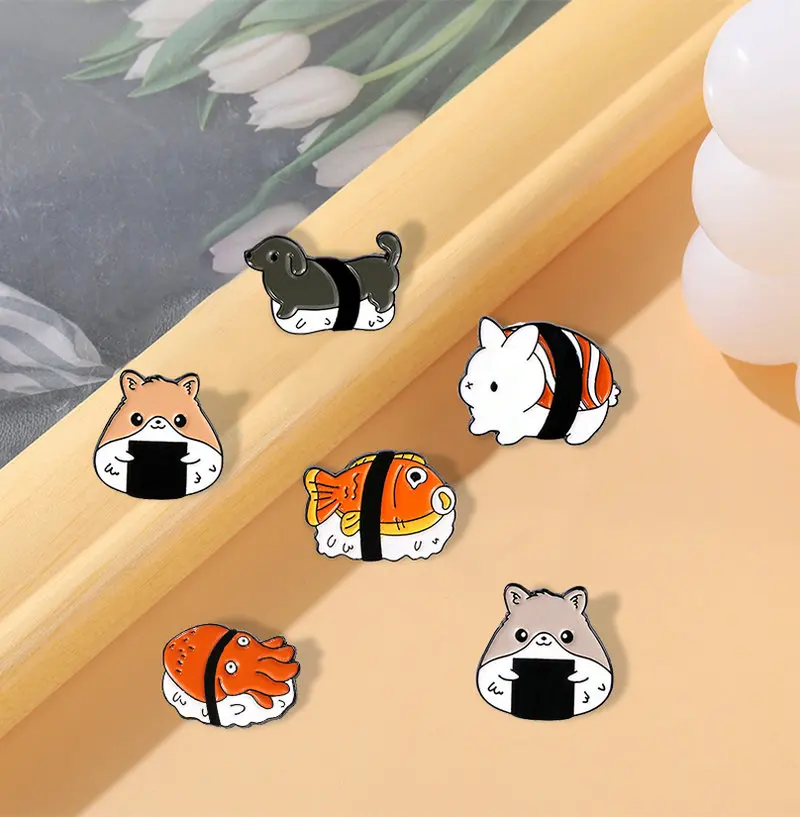 

10 PCS / LOT Sushi Rice Ball Animals Enamel Pins Custom Animalized Japanese Food Brooch Lapel Badge Bag Cartoon Jewelry