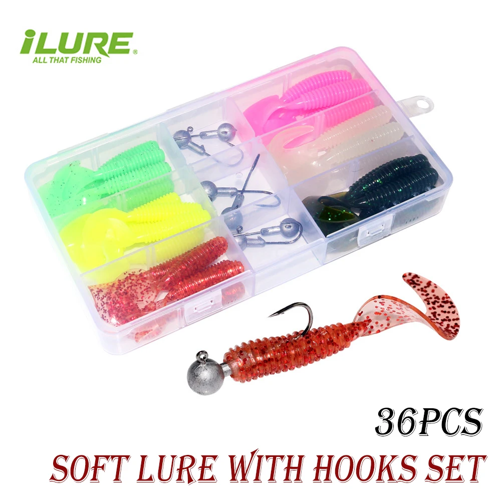 ILURE High Quality Fishing Lure 5.8cm/1.7g 6.5cm/2.6g Thread Roll Tail Worm For Trout Fishing Soft Bait With Box Lead Hook Perch