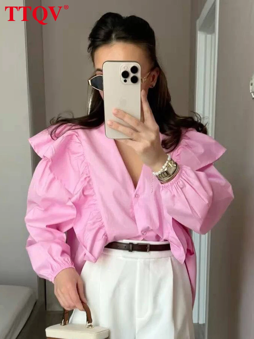 

TTQV Fashion Lose Pink Women's Shirt 2026 Autumn V-Neck Long Sleeve Lady Blouse Elegant Classic Ruffles Top Female Clothing