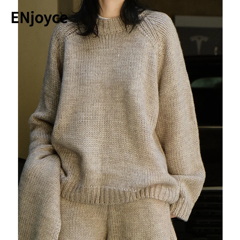 Women Retro Simple Crewneck Wool Sweater Thick Line Cashmere Knitted Pullovers Ladies Casual Loose Knitwear Winter