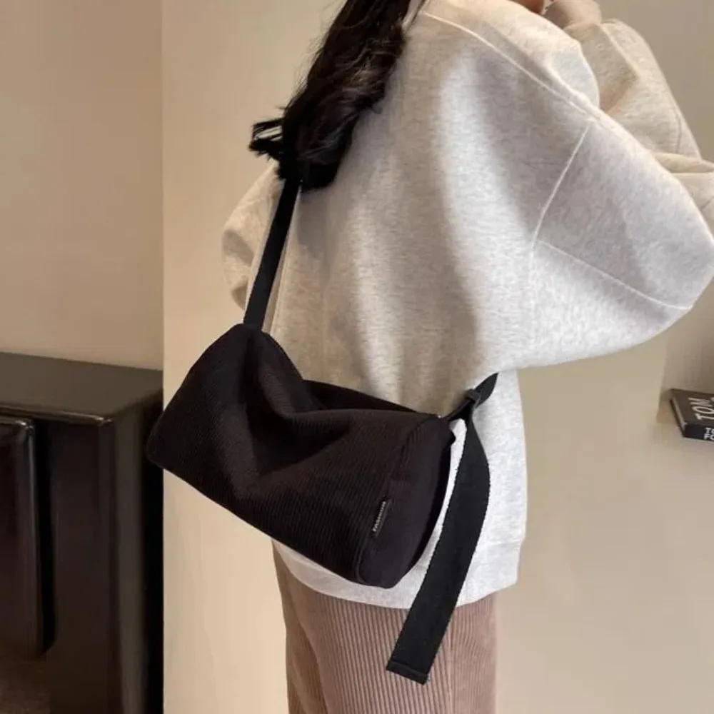 

Casual Bag Soft Corduroy Shoulder Bag Korean Style Large Capacity Striped Handbag Versatile Solid Color Pillow Shaped Bag School