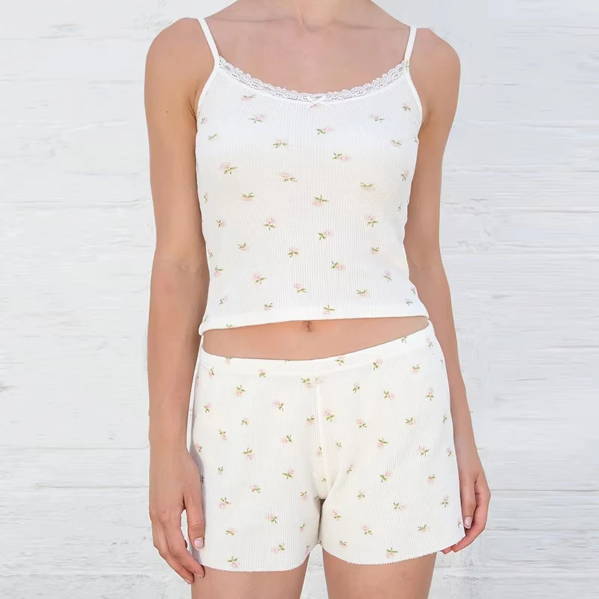 Floral Sweet Camis Shorts 2 Pieces Sets Women Summer Cute Crop Top Waffle Shorts Two Piece Set Girls Y2K Soft Home Pajama 2025