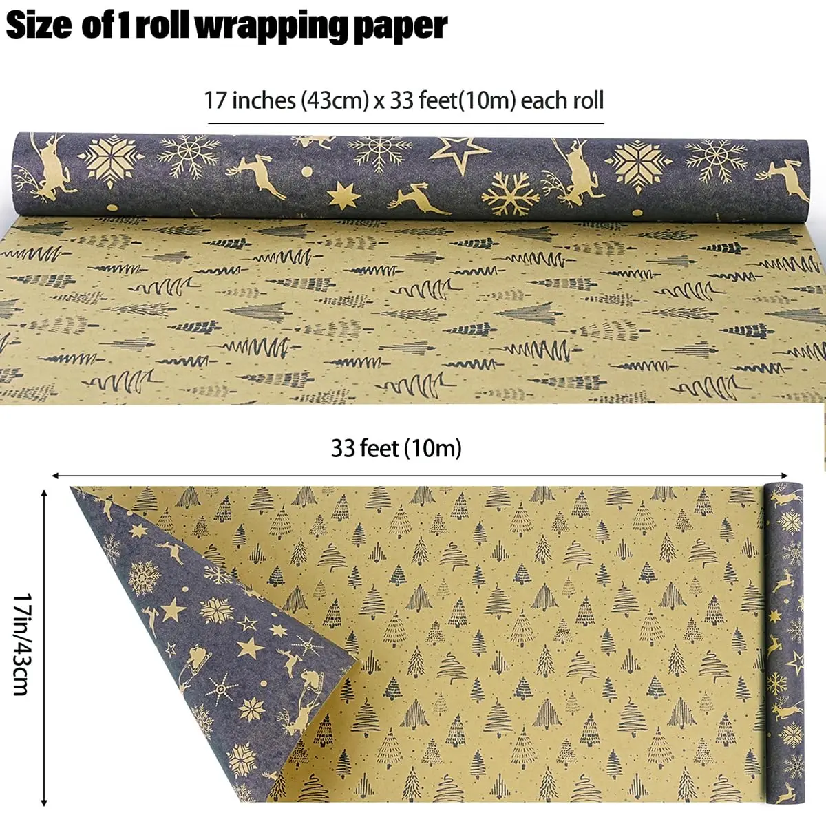 1 Roll Christmas Wrapping Paper, Christmas Wrapping Paper Roll, Vintage Navy Blue and Brown Kraft Paper  17 Inch x 33 Feet