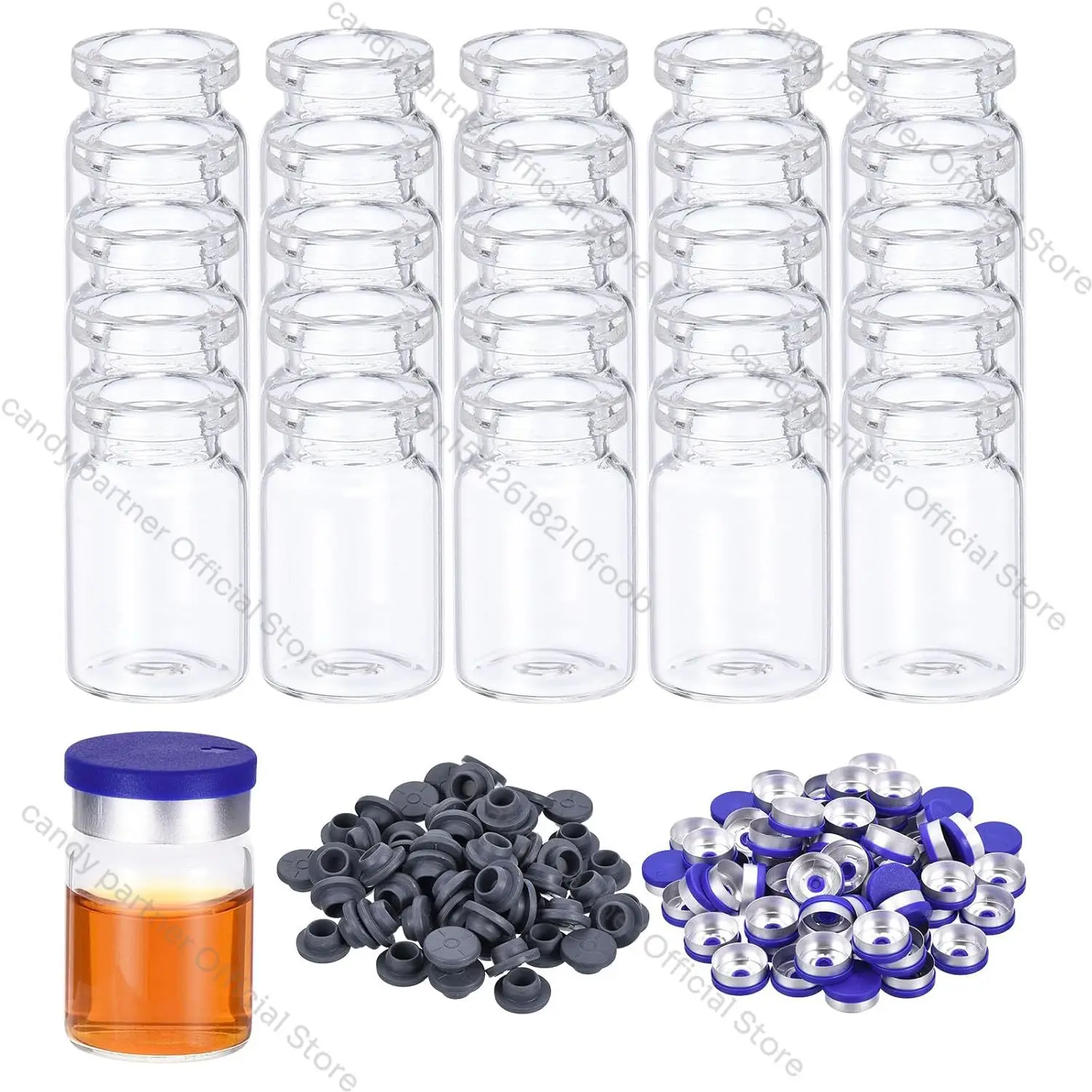 100 Stück 3/5/10ml Glasfläschchen, leere Probenfläschchen mit Verschlüssen, Gummistopfen, Injektionsöffnung für Labor, Pflanzen, ätherische Öle – Detail 1