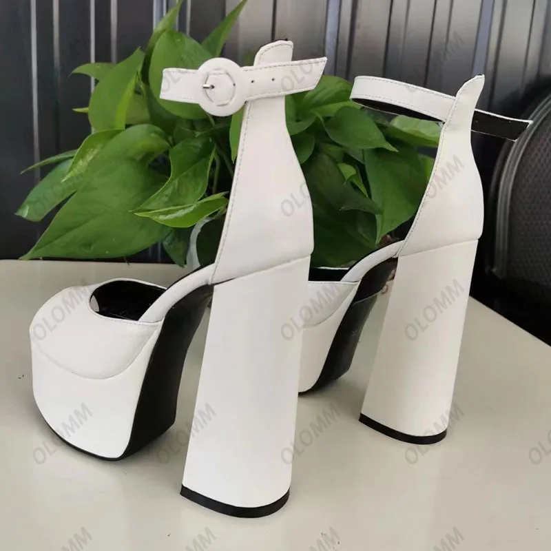 Olomm Handmade Women Summer Sandals Buckle Chunky Heels Peep Toe Beautiful White Ladies Party Shoes US Size 35 43 44 45 46 47