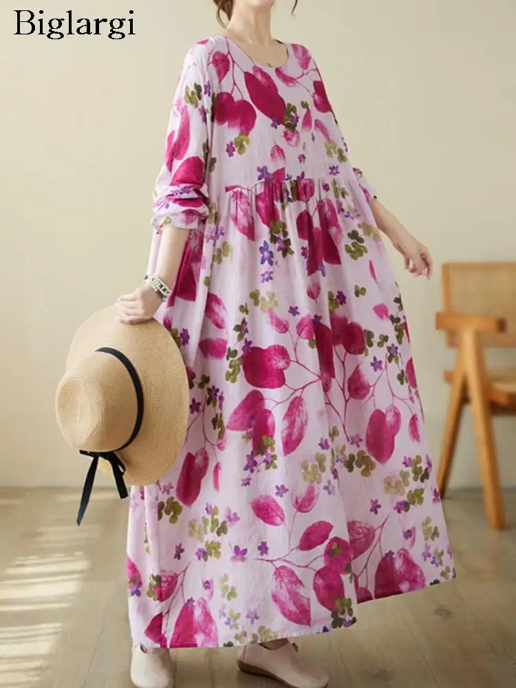 Oversized Autumn Floral Flower Print Long Dress Women Fashion Casual Pleated Ladies Dresses Loose Long Sleeve Woman Dress 2023