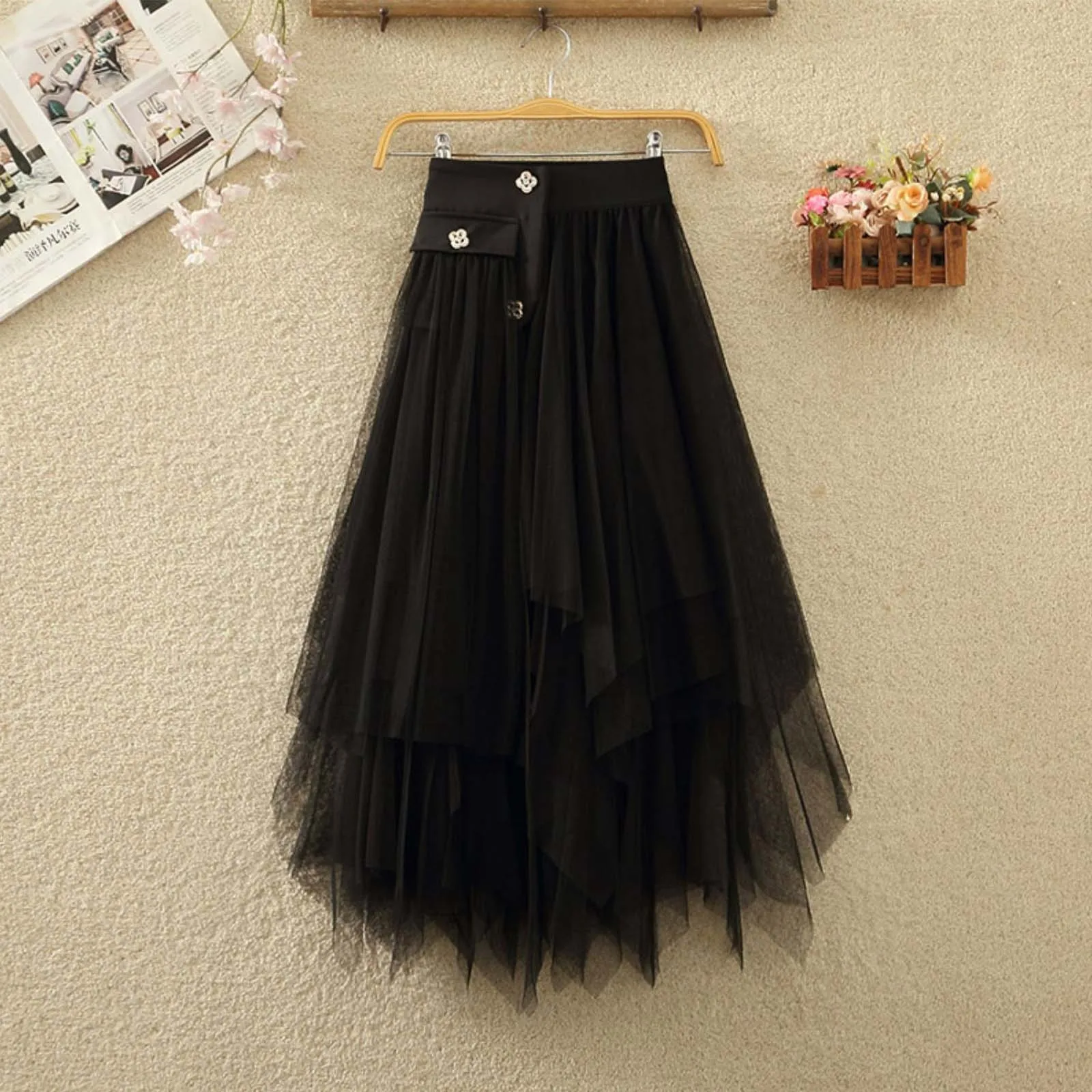 Mesh Stitching Pleated Skirt Female 2024 Spring New High-Waisted Slimming Irregular Skirt Mid-Length A-Line High Waist Skirt