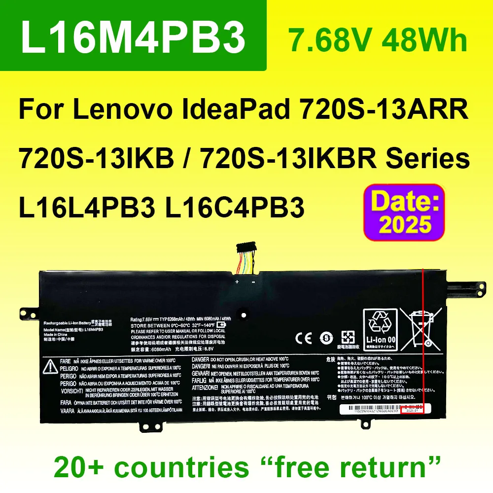

L16M4PB3 L16C4PB3 L16L4PB3 For Lenovo IdeaPad 720S-13ARR 720S-13IKB 720S-13IKBR Laptop Battery High Quality 7.68V 48Wh 6268mAh