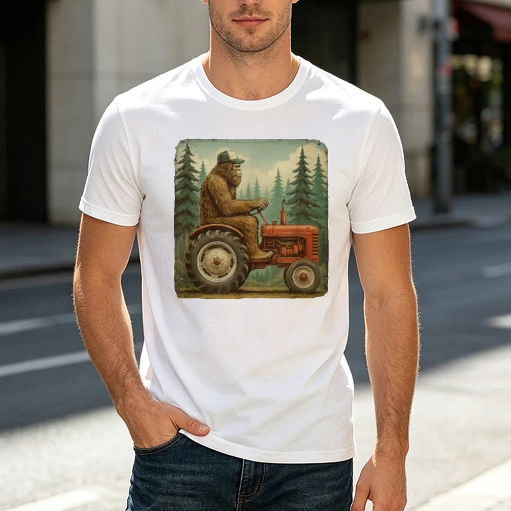 Bigfoot Driving Tractor Graphic White Tee Funny Sasquatch Men Top Rural Farm Life Shirt Humor Outdoor Casual Clothing
