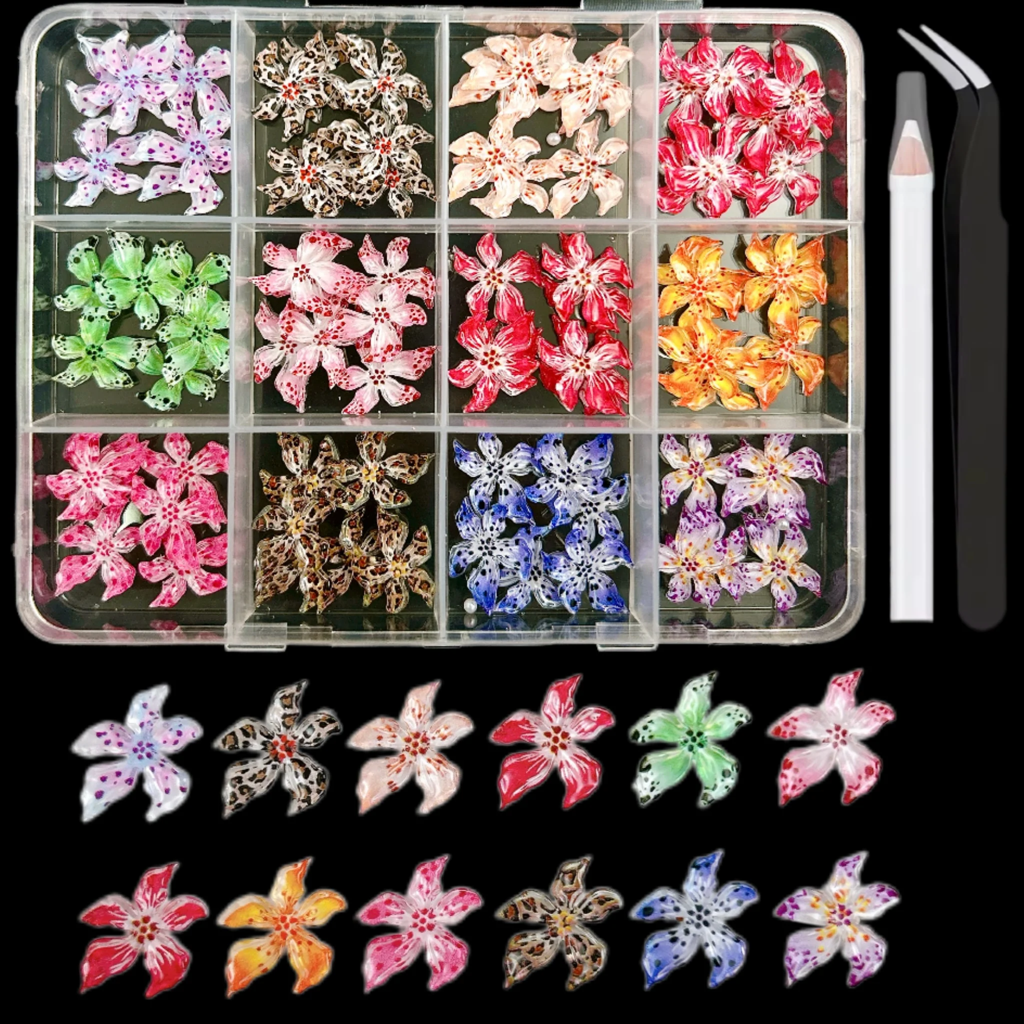 1 Pudełko Kolorowe Kreatywne Miękkie Kwiatki w Kropki Żywiczne Ozdoby do Paznokci Lodowo Przezroczyste Delikatne Błyszczące Kwiatki Mini Pięciopłatkowe Kwiaty do DIY