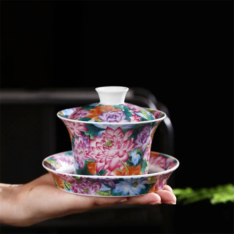 Jingdezhen Handmade Pastel Tureen Single Tea Making Gaiwan Household Ceramic Sancai Multi-Purpose Kombucha