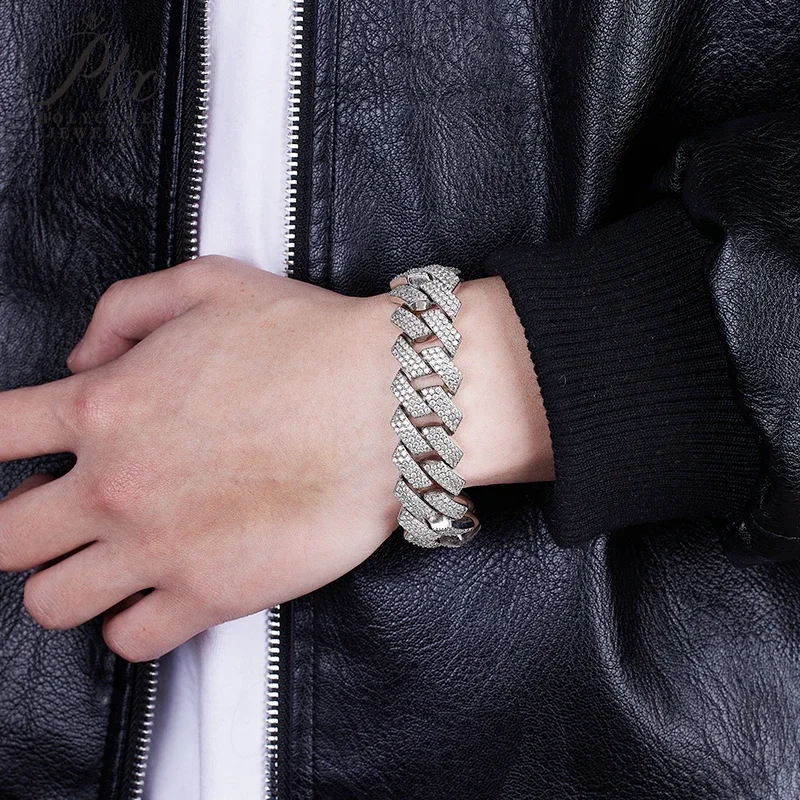 Moissanite Diamond 925 Sterling Silver Cuban Link Miami Chain  Tennis Bracelet  for Men Singer Style Rap Hip Hop Jewelry Charms