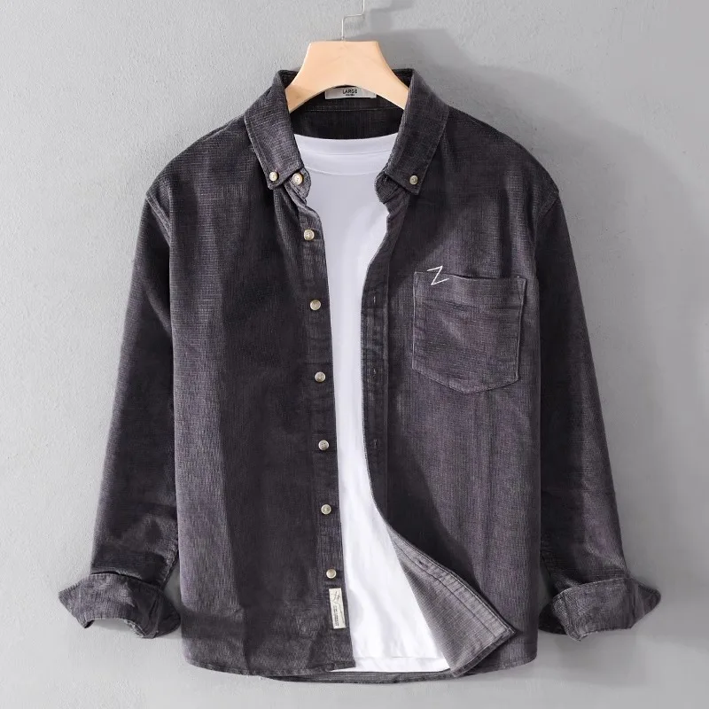 Retro Japanese Style Long Sleeve Men's Shirt Casual Corduroy Loose Fit Spring 2023 Versatile Outerwear Shirt Autumn Striped