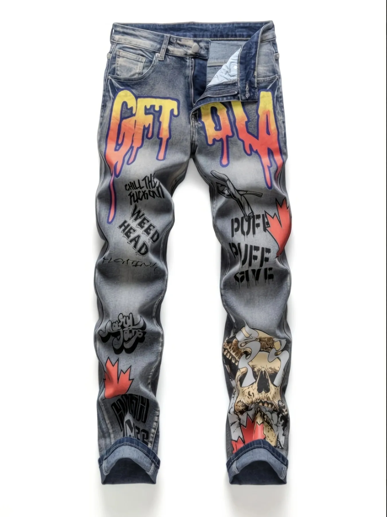 

New European and American all-sweep retro Y2K trend printed maple leaf ghost head straight jeans