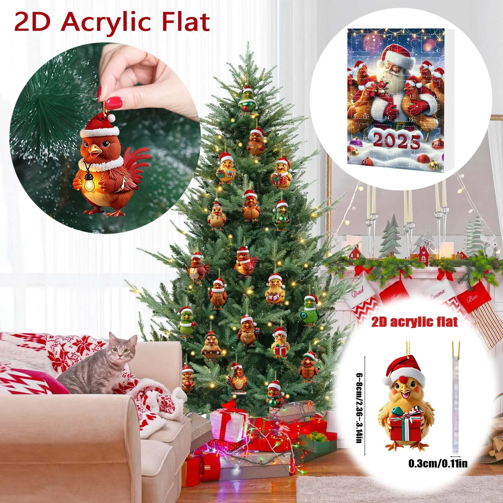 2025 Calendario per il conto alla rovescia di Natale Serie di Babbo Natale e pollo Set per il conto alla rovescia Ornamenti acrilici a tema natalizio Decorazioni natalizie