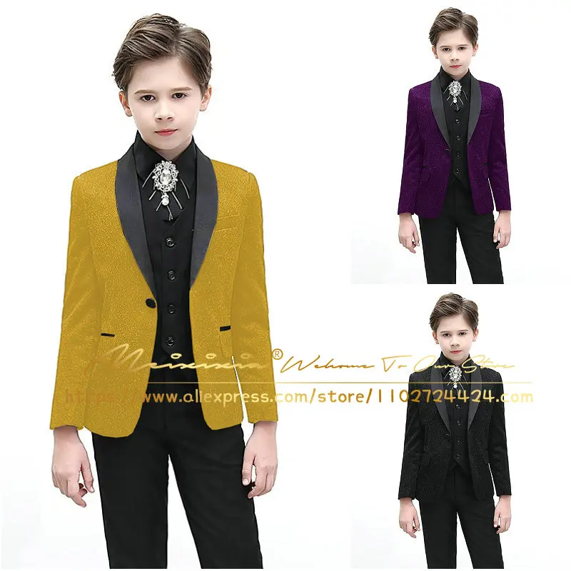 Boy's Suits 3 Pieces Shiny Gold Wedding Suits For Kid Shawl Lapel (Jacket+Pants+Vest) Children Formal Party Prom Wear