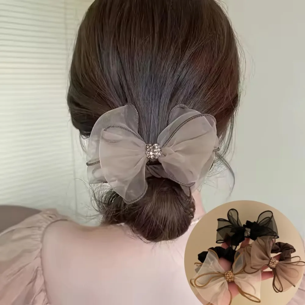 New Mesh Rhinestone Bow Hair Ties Scrunchies Women Girls Elastic Hair Bands Headwear Ribbon Bowknot Ponytail Hair Accessories view 2
