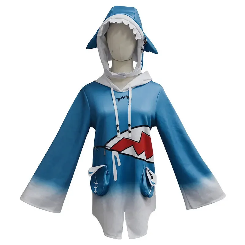 Em estoque hololive eng gawr gura cosplay traje bonito tubarão traje com capuz para as mulheres halloween youtuber cosplay
