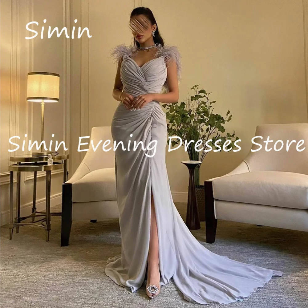 

Simin Chiffon A-line V-neck Ruffle Feathers Formal Prom Gown Floor-length Arab Evening Elegant Party dresses for women 2023