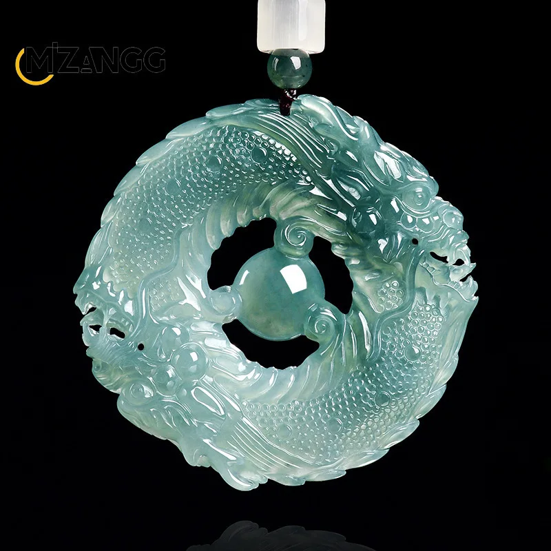 Natural A-Grade Blue Water Jadeite Double Dragon Zodiac Pendant Premium Hand-Carved Men's and Womens Jade Jewelry for Prosperity