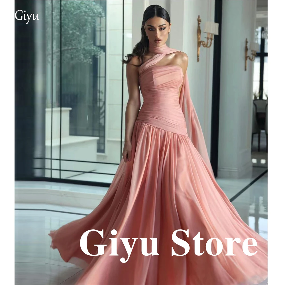 Giyu Elegant Blush Pink Silk Chiffon Evening Dresses With Scalf Pleats Floor Length Wedding Party Guest Women Prom Gowns