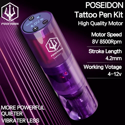 Imagen 2 del producto Kit de tatuaje POSEIDON, Kit de pluma de tatuaje de alta potencia para maquillaje permanente, Kit de máquina de tatuaje, fuente de alimentación de tatuaje púrpura caliente, pistola de tatuaje