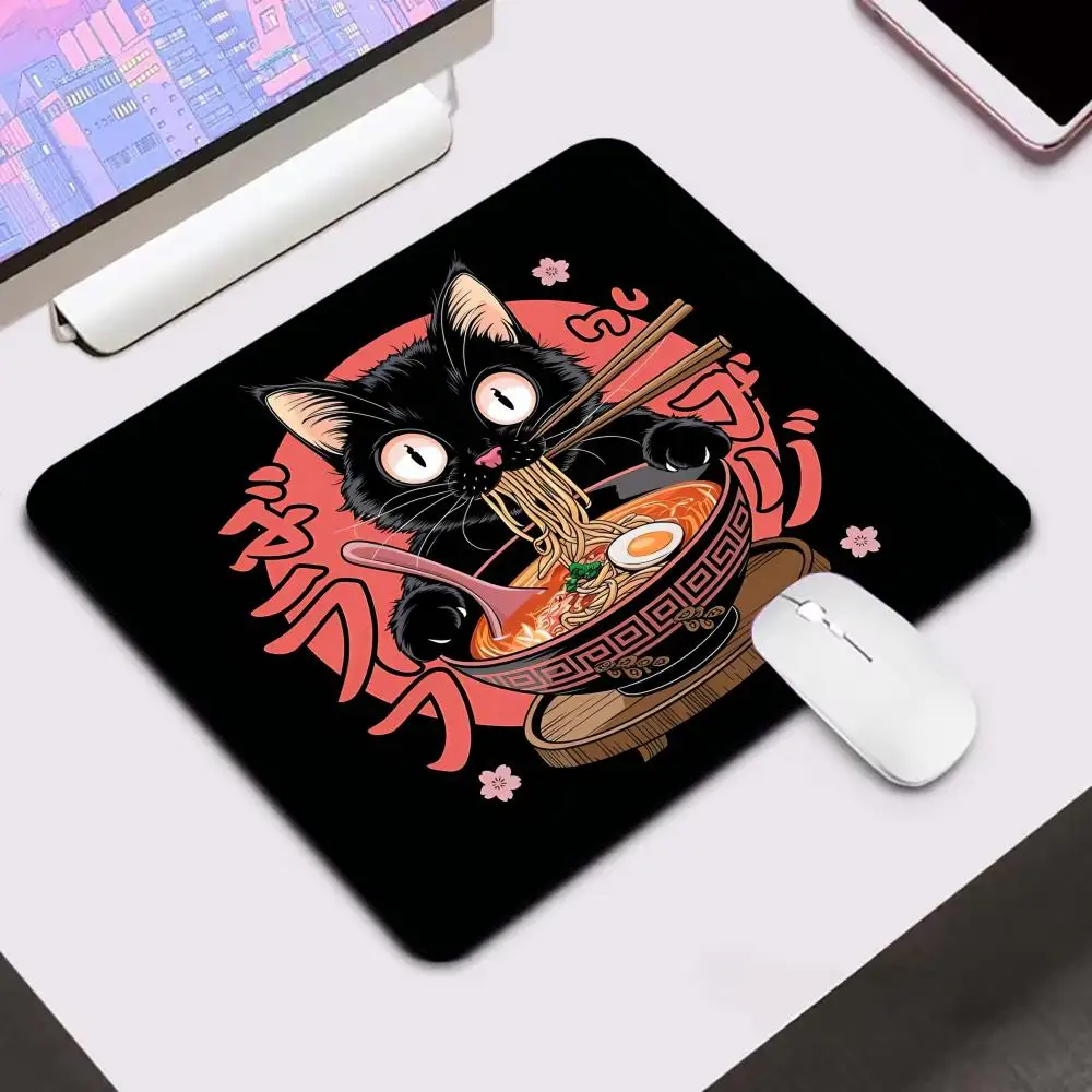 Japanese cat eating ramen kawaiiMouse Pad Square Gaming Accessory Rubber Deskmats Non-Slip Computer Keyboard Mat Laptop Mousepad