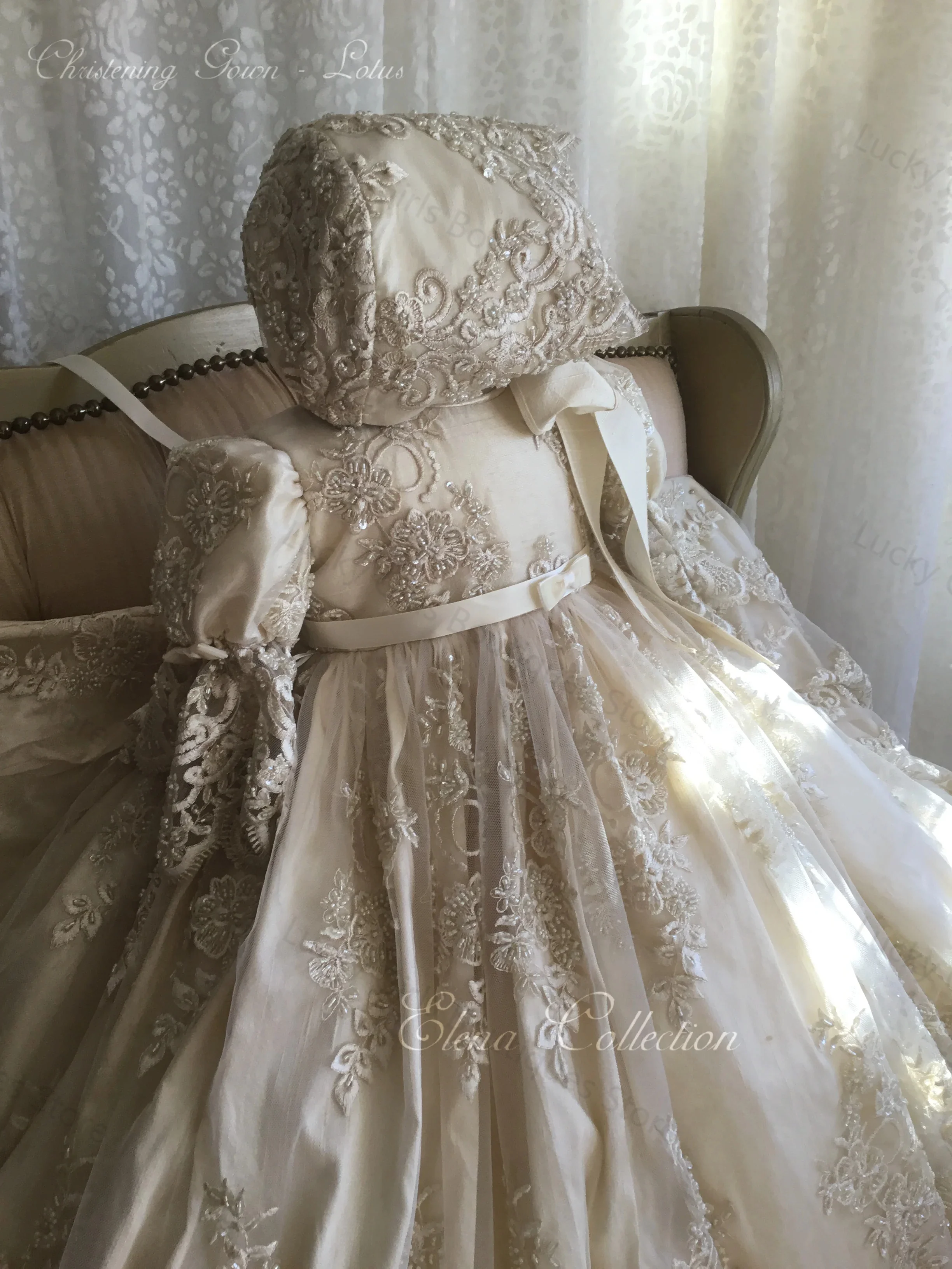 Light Champagne Christening Gowns Lace Appliques Baby First Communion Dresses Ruched Beads Newborn Toddler Baptism Dresses image 5