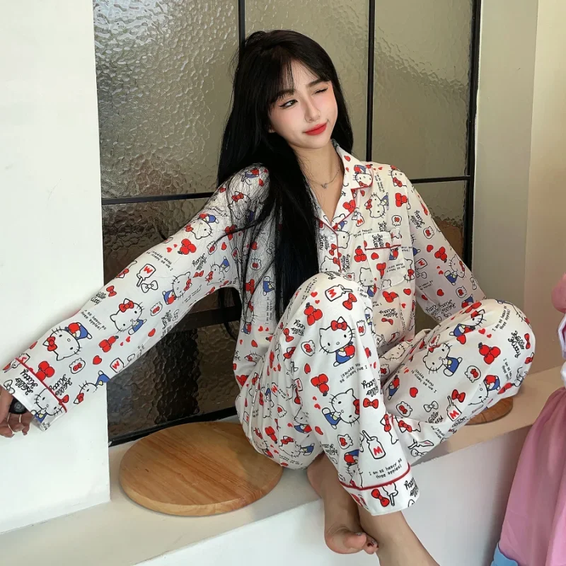 Cartoon Sanrio pajamas loose casual silk pajamas women\'s loungewear cute loose two-piece set Hello Kitty women\'s pajamas