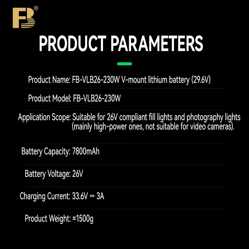 FB VLB26-230W V Port Battery 26V High-Power do fotografii Lampa Film i Telewizja Światło wypełniające Specjalna bateria litowa V Mount