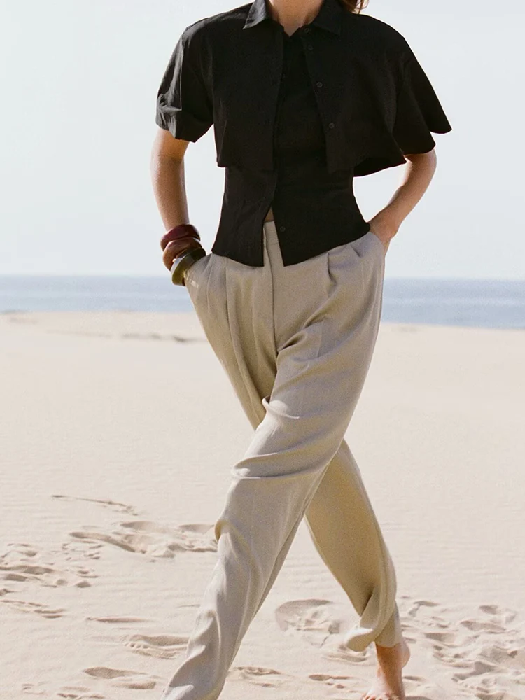 

European and American style summer new fashion trend women's simple short-sleeved lapel double-layer design casual shirt